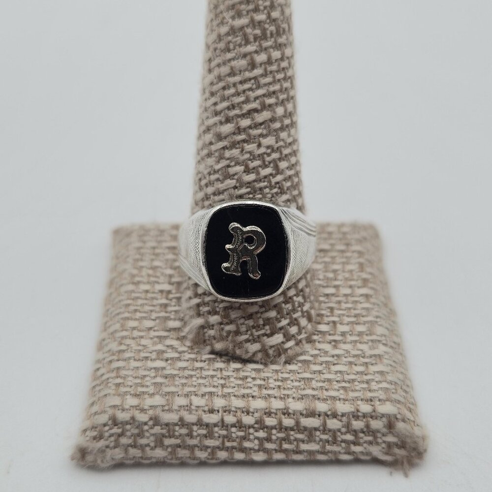 Size 12 Sterling Silver Black Onyx Letter R Band Ring A4384